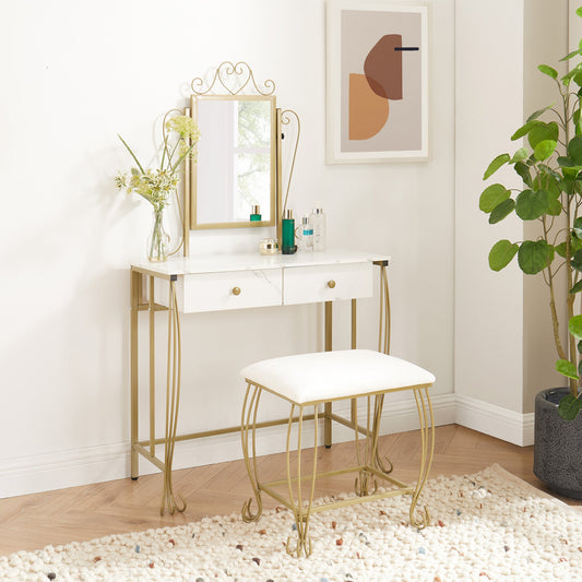 Vanity Mirror Table Set, Makeup Desk Vanity With Stool, Vintage Bedroom Vanity Lots Storage Dressing Table White for Wom