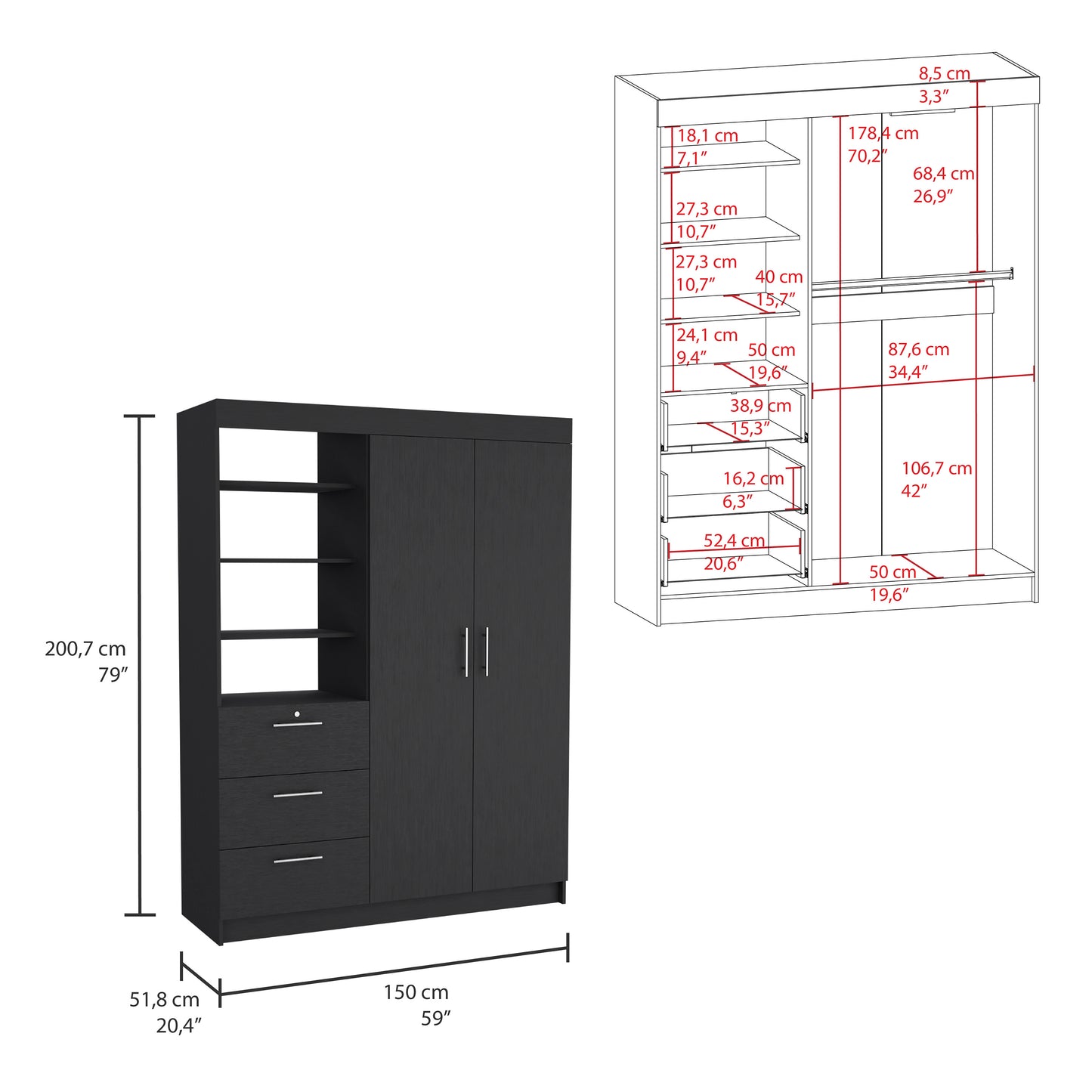 Kenya 2 Piece Bedroom Set - Black Armoire and Dresser